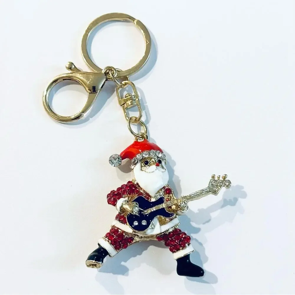 Santa Claus Playing Guitar Metal Keychain Christmas